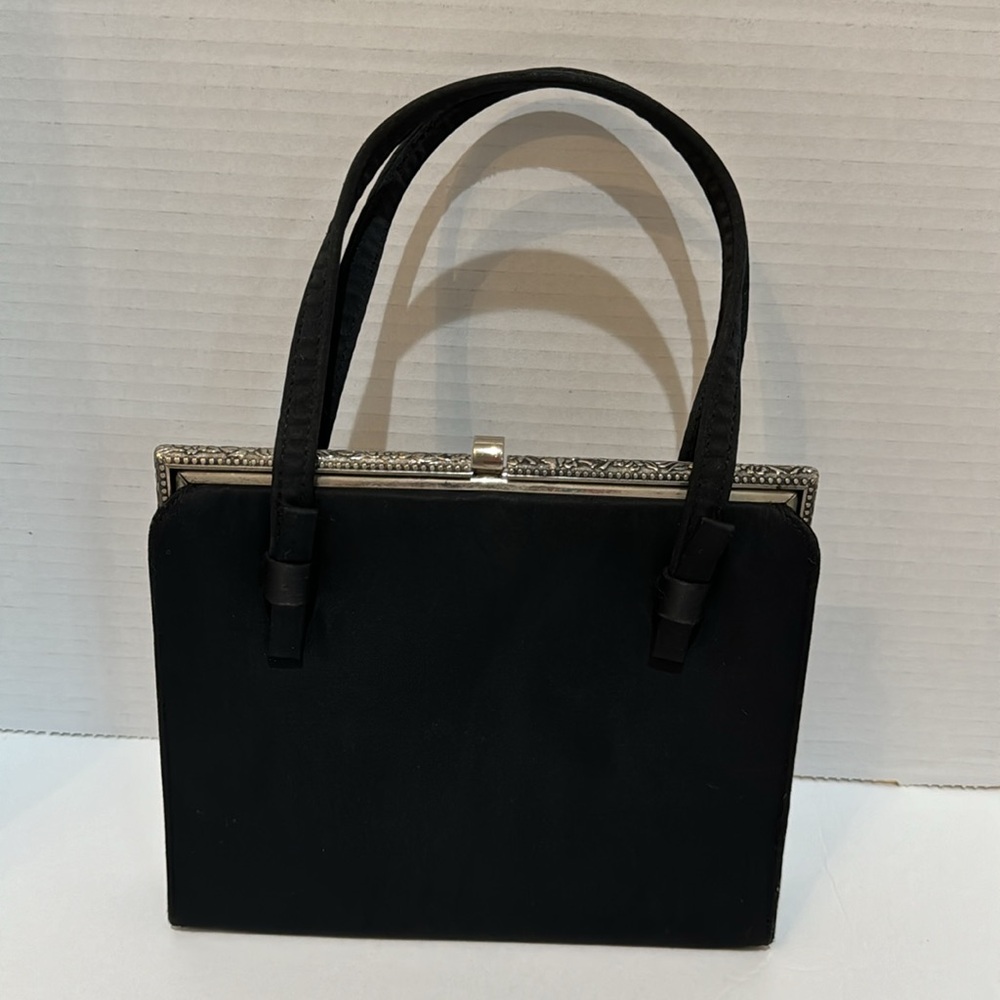 After Five Vintage Purse Black Double Handles Floral Silvertone Frame